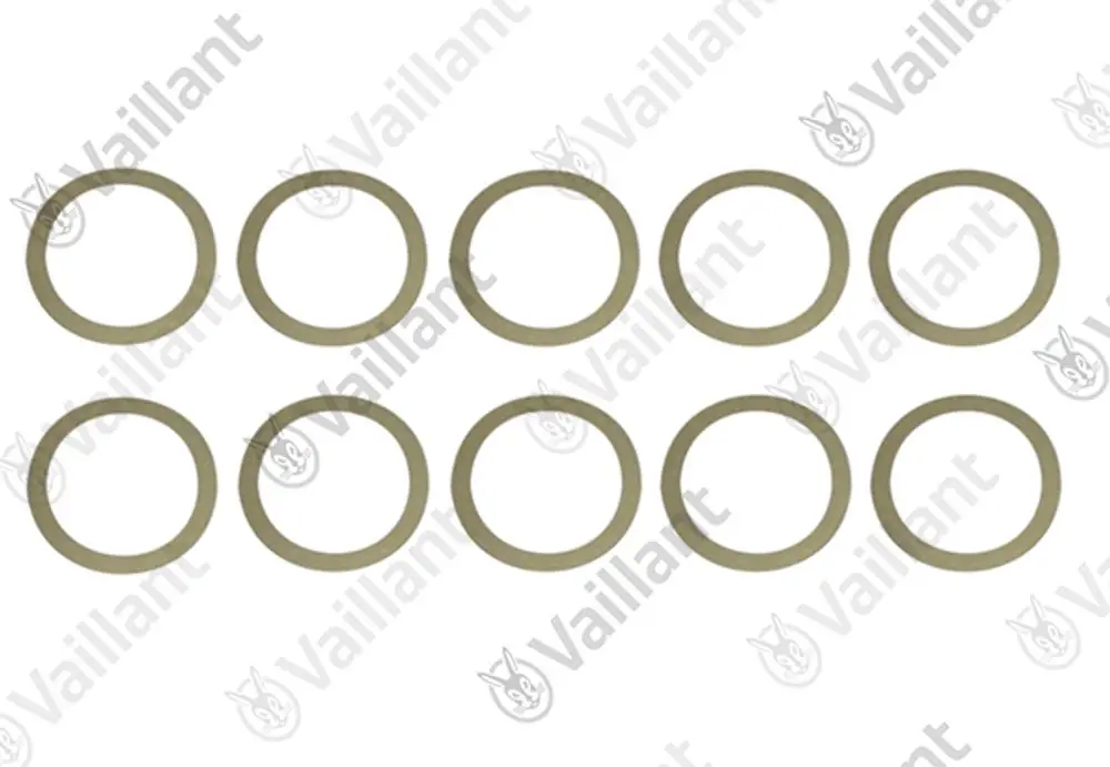 Vaillant Dichtungsringe in Form von zehn gleichgroßen runden Ringen, präsentiert auf weißem Hintergrund.
